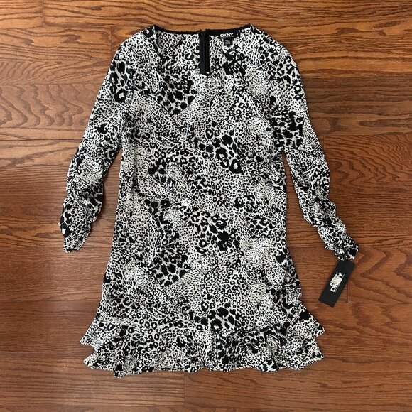 NWT DKNY Black White Leopard Print Silk Blend Ruffled Tiered Mini Dress Size 4 - Picture 2 of 16